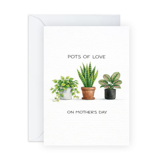 Adorable Mother’s Day Card – "Pots Of Love" - Plant Greetings for Mum Mummy Mama Ma Her Ladies Wife Sister Grandma Aunt Women - Minimalist Design - Comes with Sweet Stickers