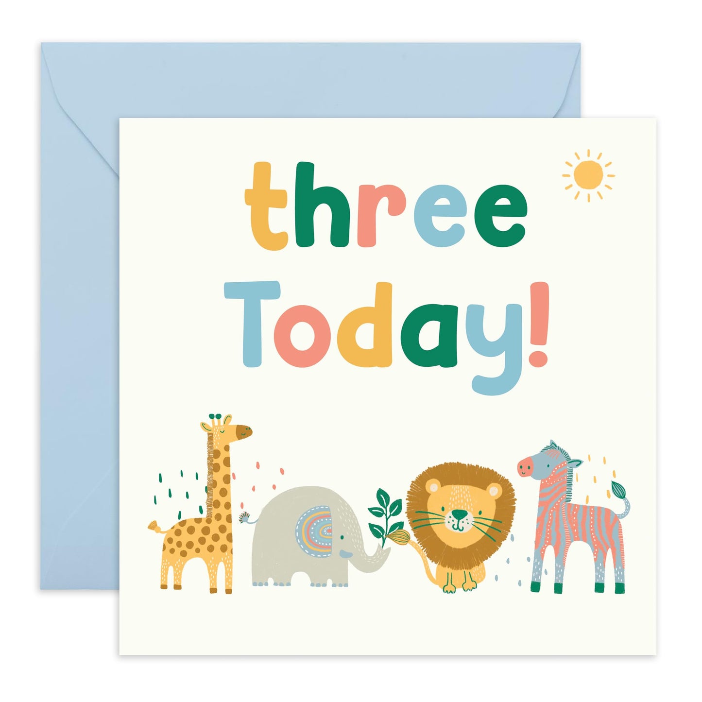 3rd Birthday Greeting Card - 'Three Today Safari Animals' - Gifts for 3 Year Olds, Boys, Girls, Toddlers, Niece, Nephew, Son, Daughter - Lion Zebra Elephant Giraffe - Comes with Fun Stickers