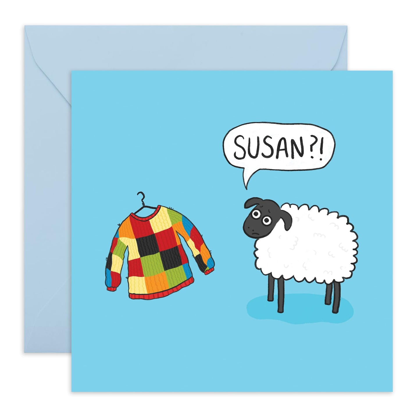 Sheep Birthday Card - 'Sheep and Jumper' - Presents for Husband, Wife, Friends, Co-workers, Colleagues, Family, Boyfriend, Girlfriend - Susan- Comes with Fun Stickers