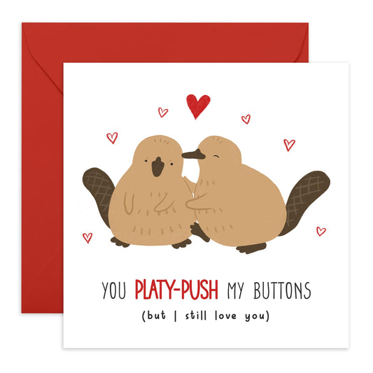 Valentines Card For Girlfriend Boyfriend Partner - You Platy-push My Buttons Platypus - Wedding Anniversary Card For Husband Wife - Romantic Card For Him Her - Comes With Fun Stickers By Central 23