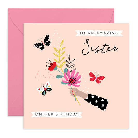 Birthday Card For Sister - Butterfly Greeting Cards And Envelopes - Elegant Gifts For Her - Pretty Floral Cards For Women Female Sibling - Comes With Fun Stickers By Central 23