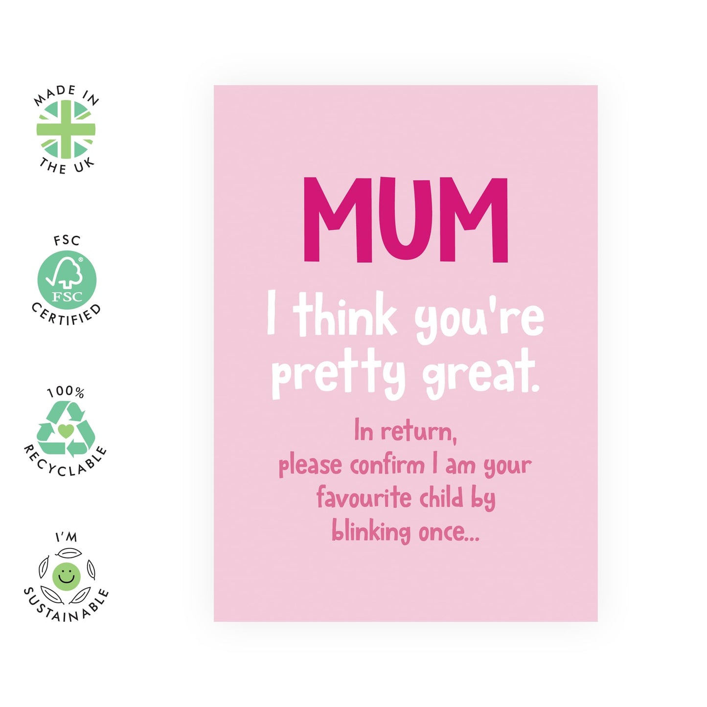 Pink Birthday Card for Great Mothers - 'Mum Blink To Confirm' - Gifts for Mummy, Mam, Mama, Mammy from Son or Daughter - Favouritism - Comes with Fun Stickers