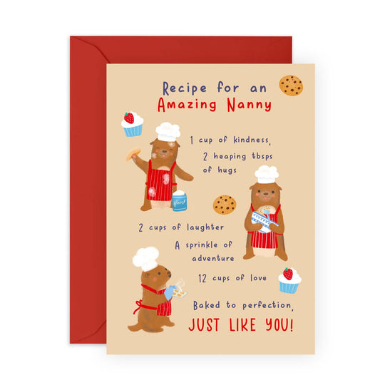 Nanny Birthday Card - Recipe Like Yours - Otter Greeting Cards for Grandma, Granny, Nana, Mimi, Grandparent, Ladies, Women - Mothers Day Card from Grandson or Granddaughter - Comes With Stickers
