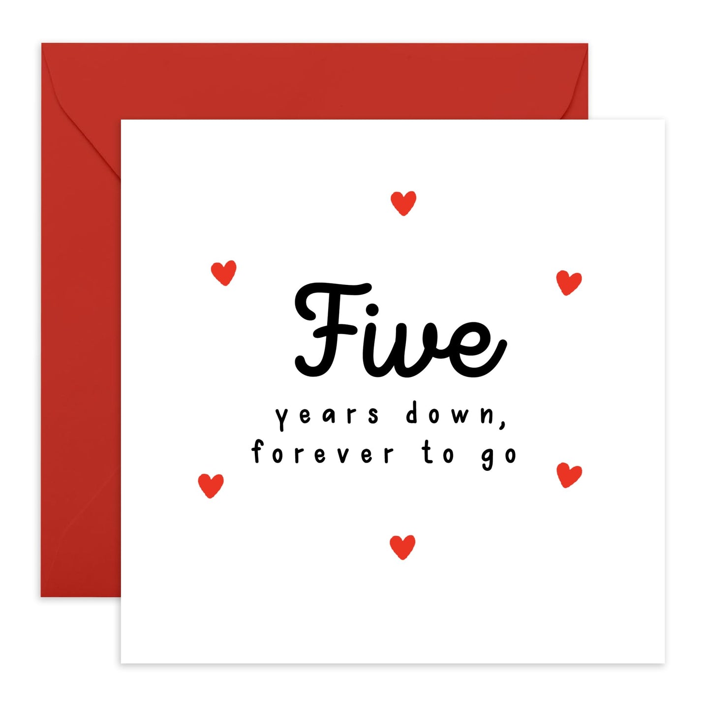 5th Anniversary Card For Him Her - 'Five Years Down' - Gifts for Babe, Girlfriend, Boyfriend, Husband, Wife, Spouse - Classic Red Hearts - Comes with Fun Stickers