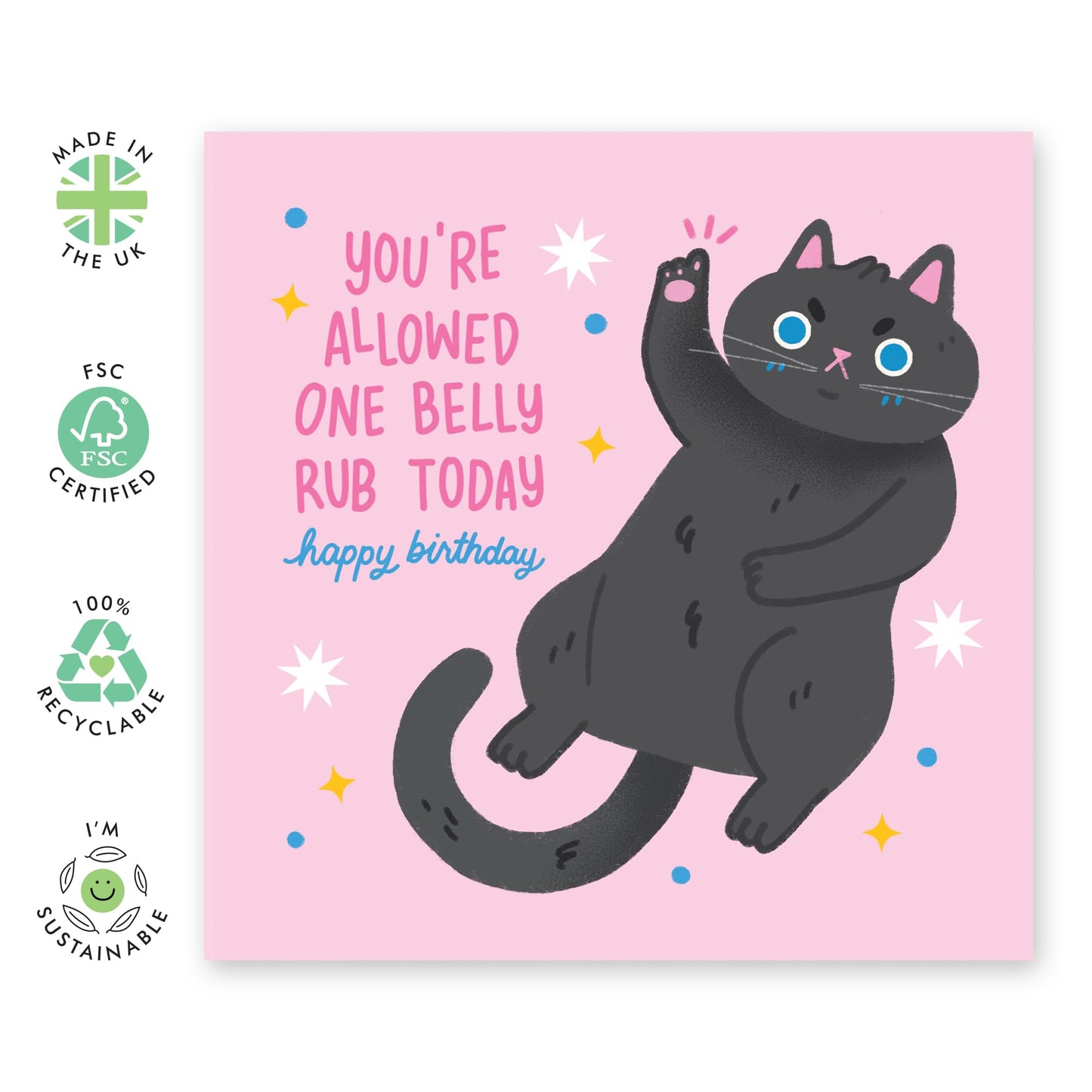 Cat Birthday Card Funny - You're Allowed One Belly Rub - Black Cat - Womens Birthday Card - Greeting Cards For Cat Lady Fur Mum - Gifts For Her - Comes With Stickers - By Central 23