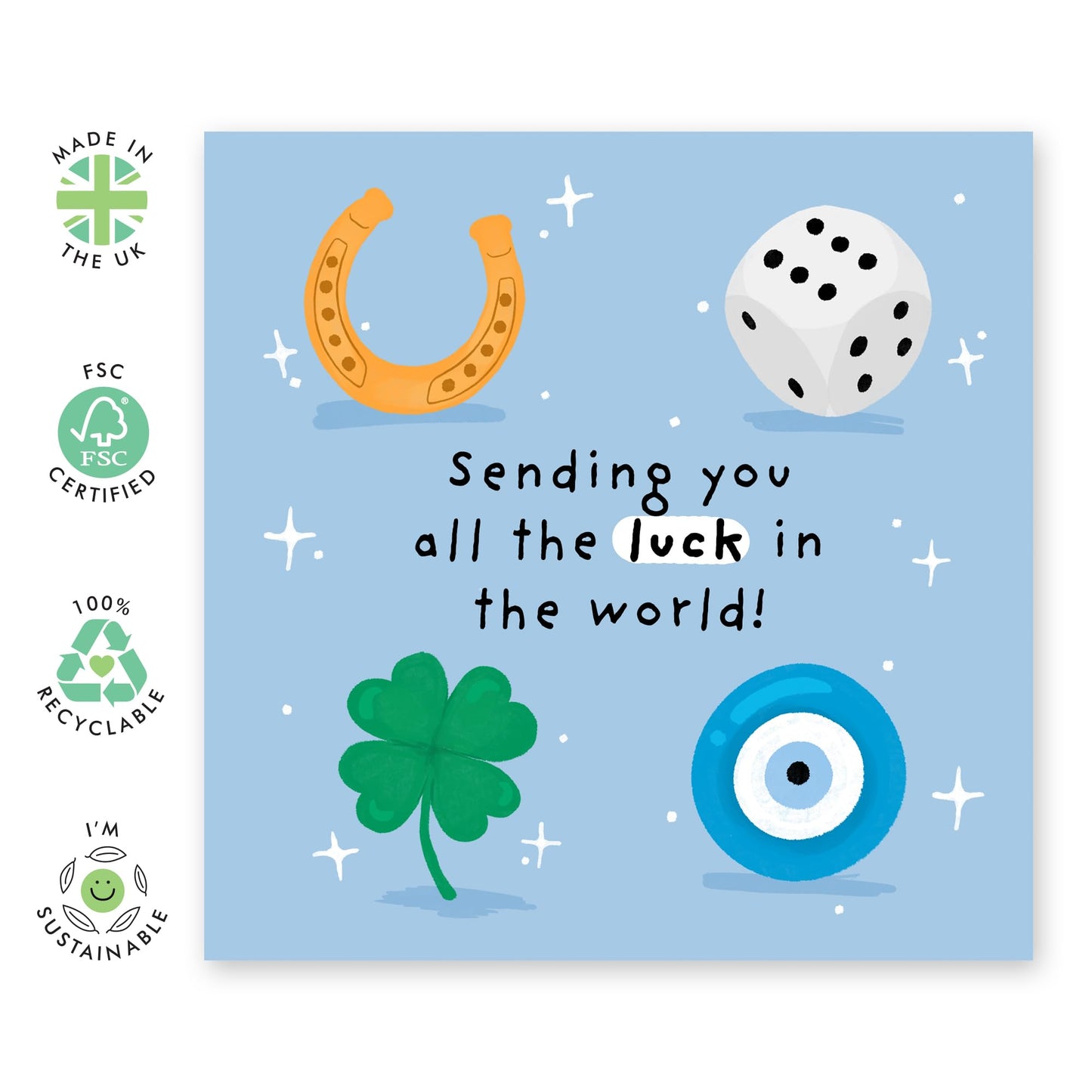 Good Luck Card for Him Her – Lucky Symbols Horseshoe, Dice, Clover, Eye – Gifts for Colleagues, Coworker, Officemates, Friends, Men, Women - New Job, Taking Examinations - Comes with Stickers