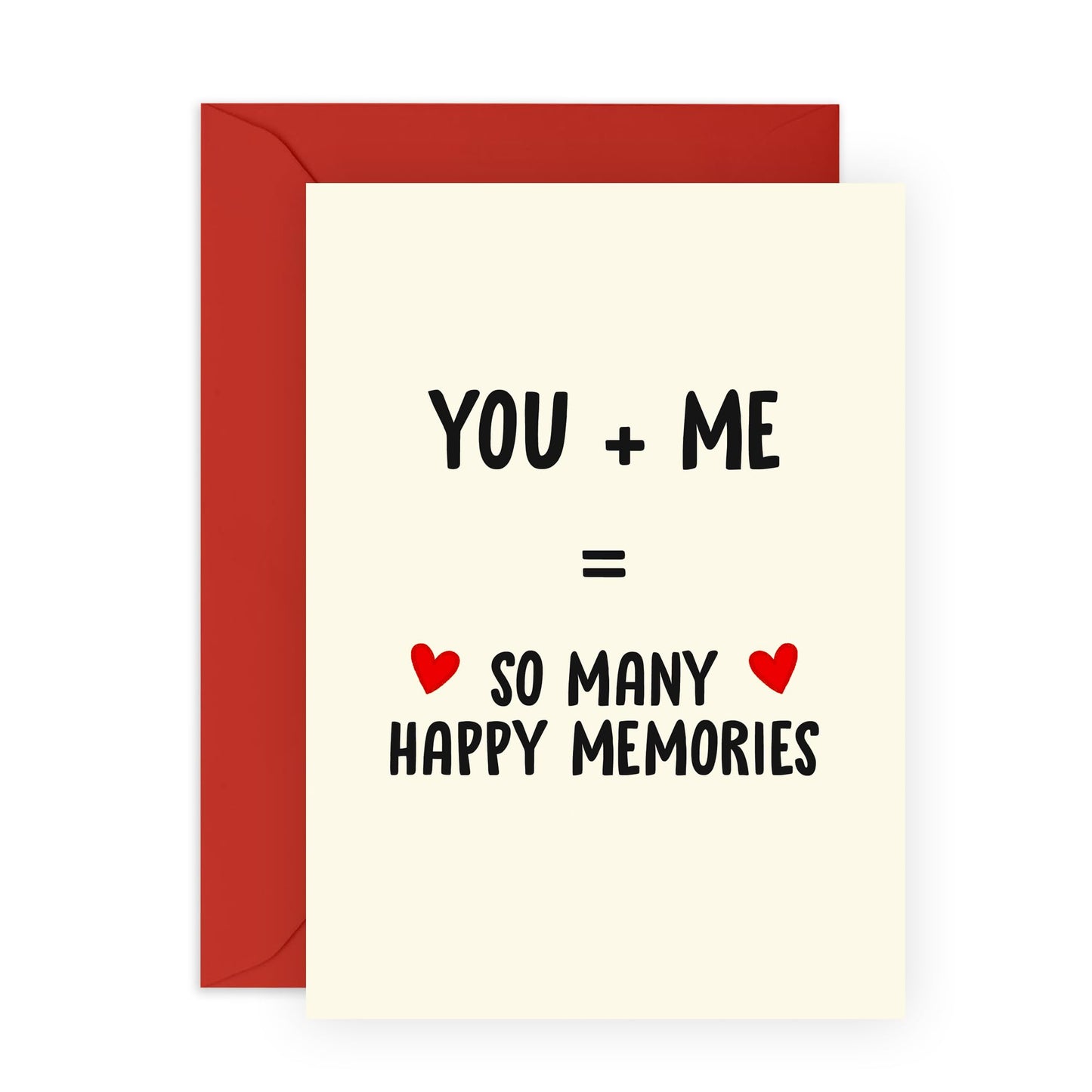 Sweet Love Greeting Card - 'You + Me = Happy Memories' – Gifts for Couples, Partner, Boyfriend, Girlfriend, or Spouse – Anniversary, Valentine’s Day , or Just Because Card - Comes with Fun Stickers