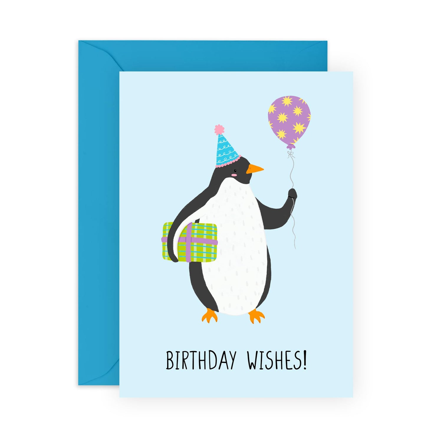 Penguin Birthday Card – Wishes – Presents for Friends, Kids, Son, Daughter, Niece, Nephew, Him, Her, Boys, Girls, Family & Animal Lovers - Gift, Balloons and Hat - Comes with Fun Stickers