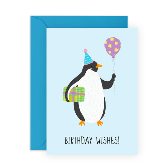 Penguin Birthday Card – Wishes – Presents for Friends, Kids, Son, Daughter, Niece, Nephew, Him, Her, Boys, Girls, Family & Animal Lovers - Gift, Balloons and Hat - Comes with Fun Stickers