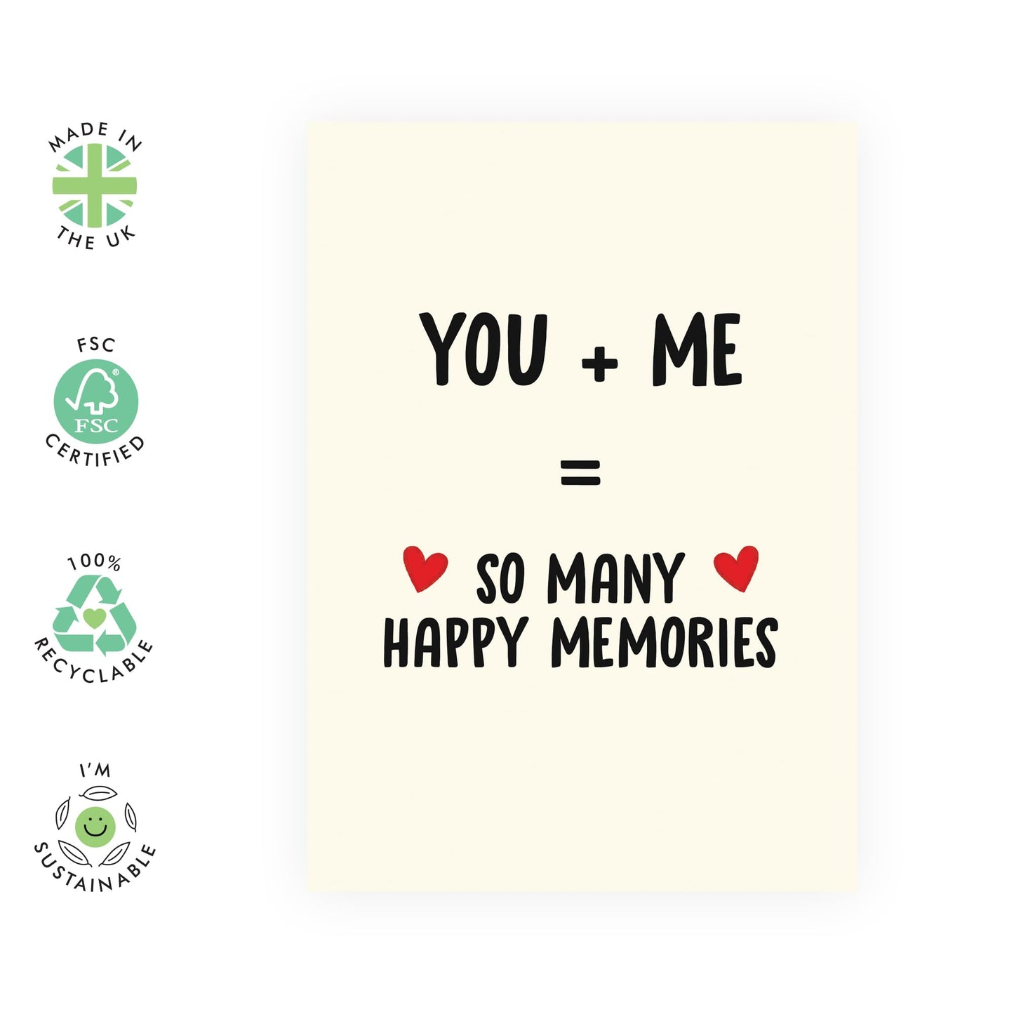 Sweet Love Greeting Card - 'You + Me = Happy Memories' – Gifts for Couples, Partner, Boyfriend, Girlfriend, or Spouse – Anniversary, Valentine’s Day , or Just Because Card - Comes with Fun Stickers