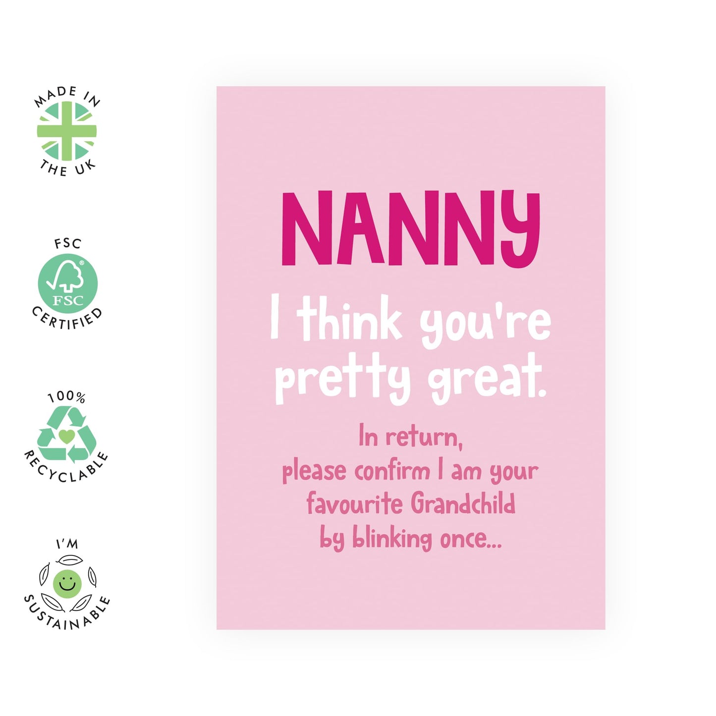 Pink Birthday Card for Great Grandmothers - 'Nanny Blink To Confirm' - Gifts for Grandma, Grandmum, Grandmummy, Grandparents, Her From Grandchildren - Favouritism - Comes with Fun Stickers