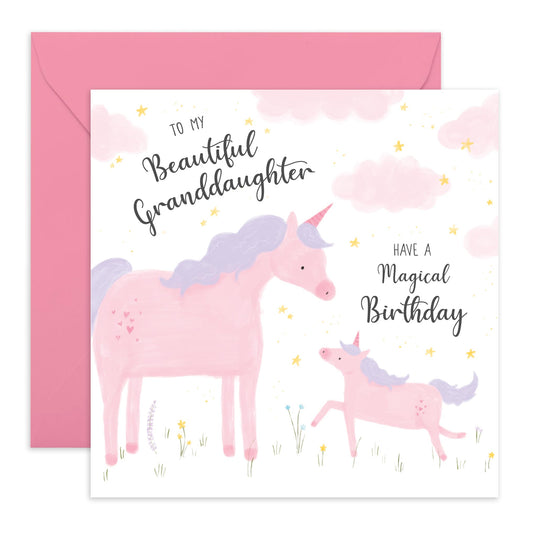 Magical Birthday Greeting Card - 'Unicorn Beautiful Granddaughter' - Gift for Girls, Granddaughters, Grandkids, Children, Baby From Grandmum, Grandmother - Cuteness - Comes with Fun Stickers