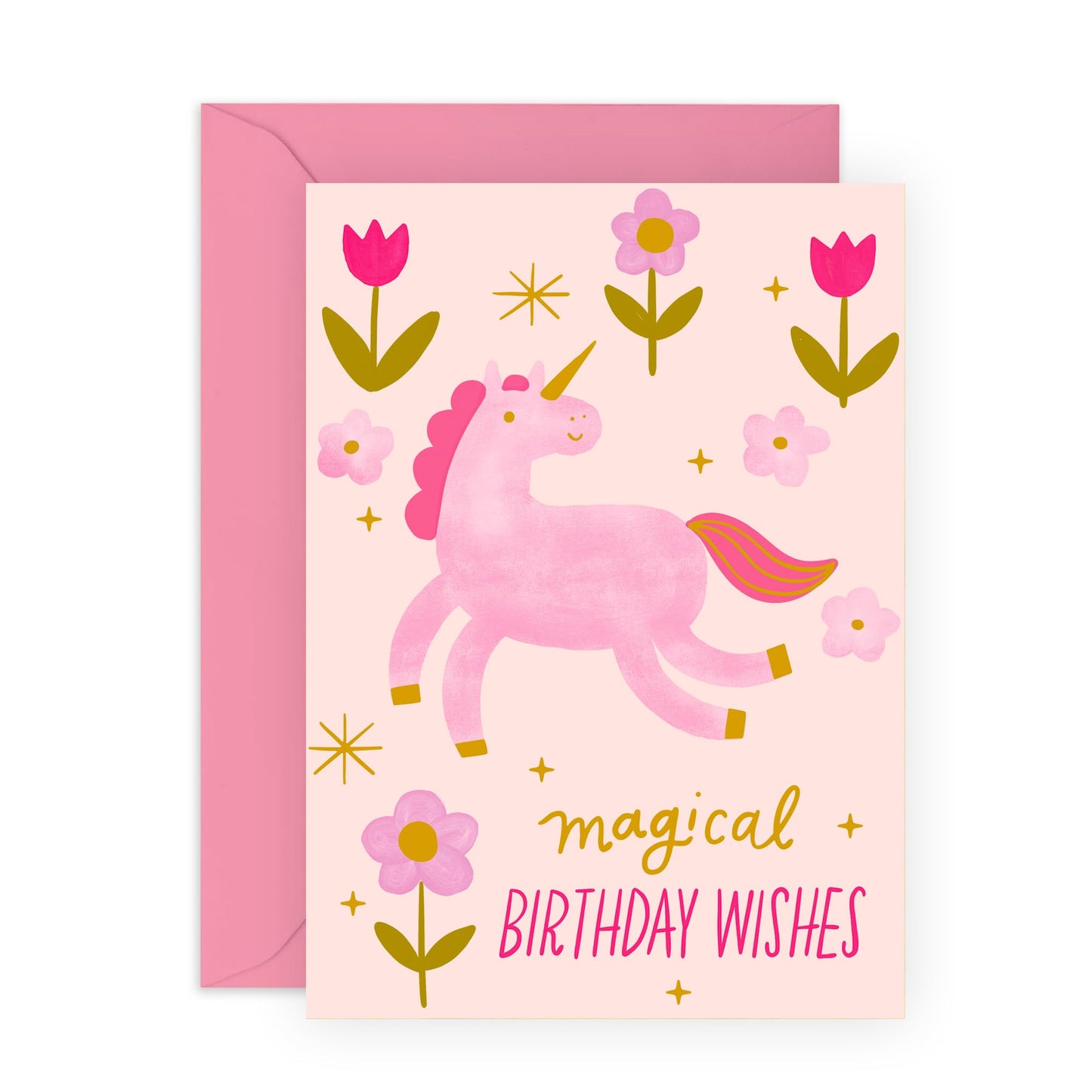 Magical Birthday Wishes Card – Cute Pink Unicorn & Flowers – Fantasy Greeting Card for Girls, Kids, Daughter, Her, Toddler, Baby, Goddaughter, Niece, Cousin & Unicorn Lovers –Comes with Fun Stickers