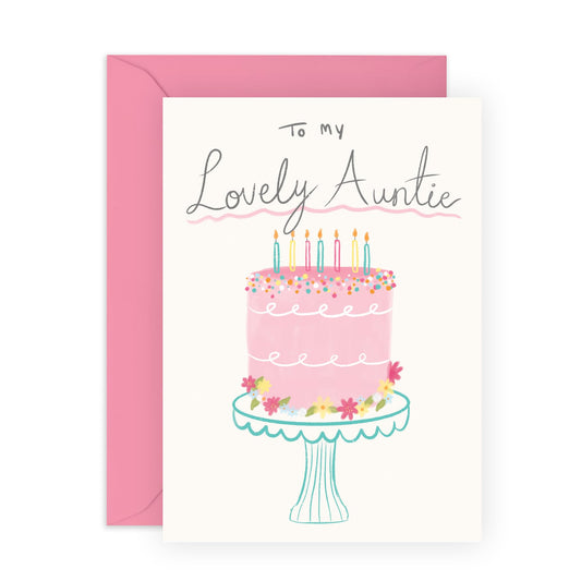 Thoughtful Birthday Card - 'To My Lovely Auntie' - Gifts for Family, Relatives, Aunt from Nephew & Niece - Cake & Candles - Comes with Fun Stickers
