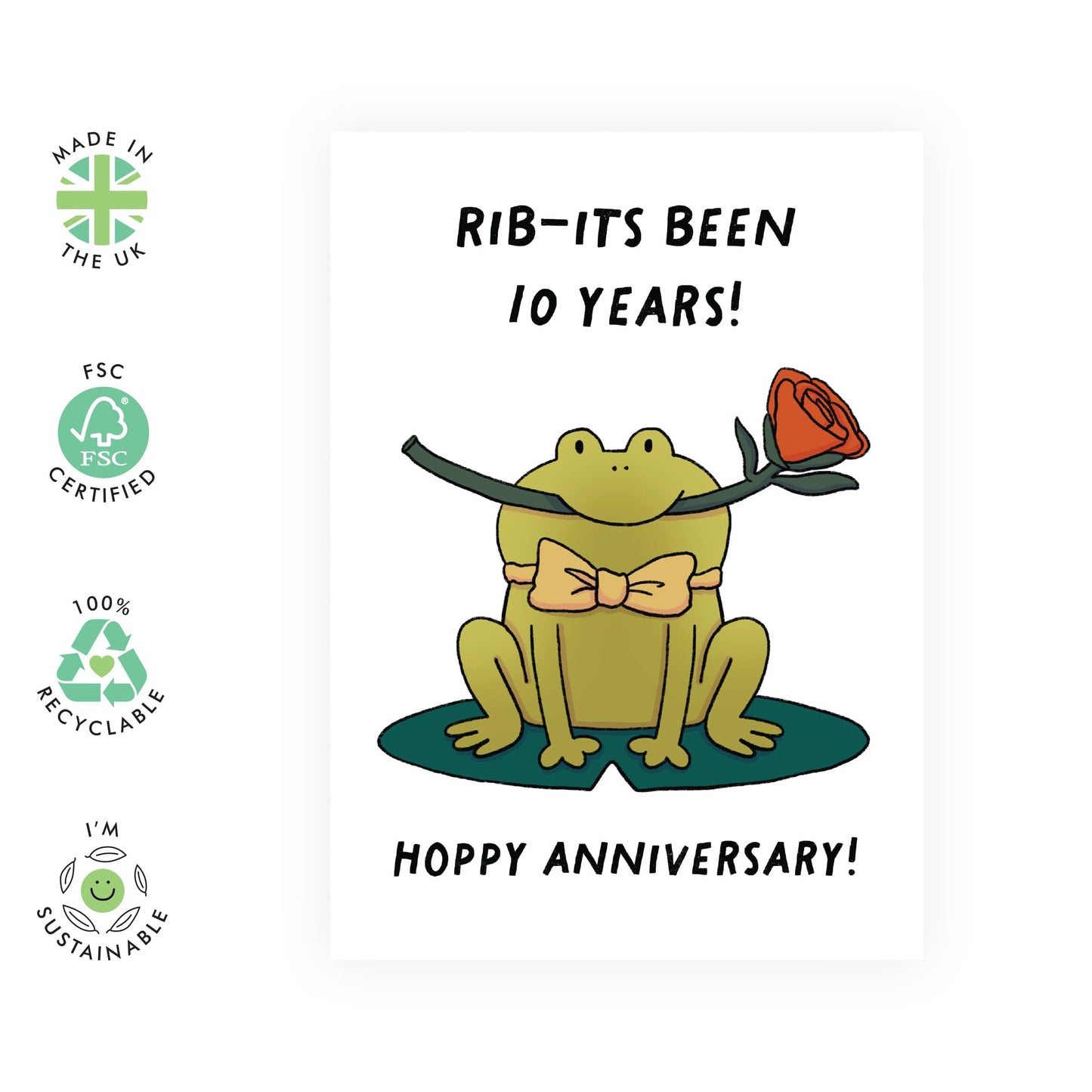 Cute & Romantic Anniversary Card - 'Rib-its Been 10 Years' - 10th Year Anniversary Card for Couples, Parents, Husband & Wife - Sweet and Funny - Comes with Fun Stickers