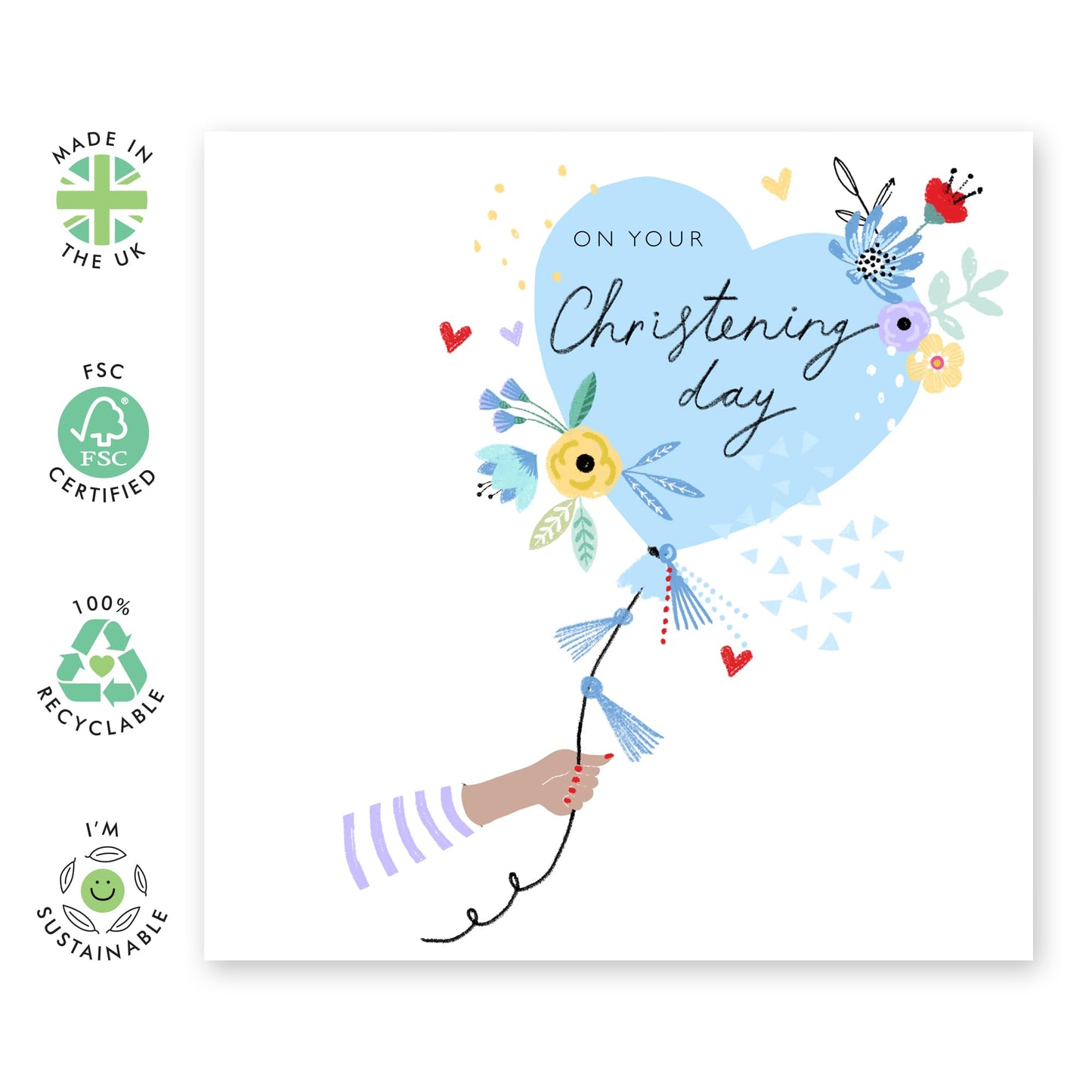 Baptismal Card For Baby Boy - Blue Christening Heart Balloon - Dedication Day Card Baby - Christening Card For Nephew - Baptism Grandson - Gift From Aunt Uncle - Comes With Fun Stickers By Central 23