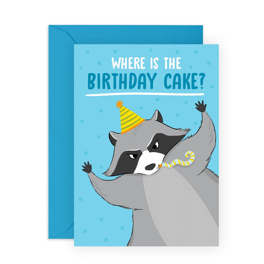 Raccoon Birthday Card For Men Women - Funny Birthday Cards For Her Him - Where's The Cake? - Cheeky Gifts For Mum Dad Husband Wife - Comes With Cute Stickers And Envelope By Central 23