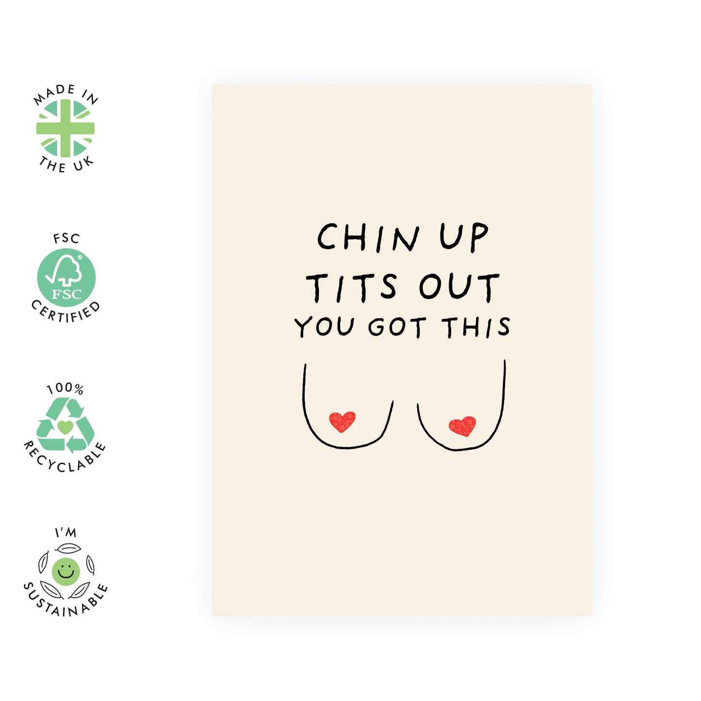 Funny Encouragement Card for Her, Friends, Besties, BFF, Sister, Girls, Ladies, Women – Chin Up, T*ts Out – Supportive and Motivational Greeting Card - Comes with Fun Stickers