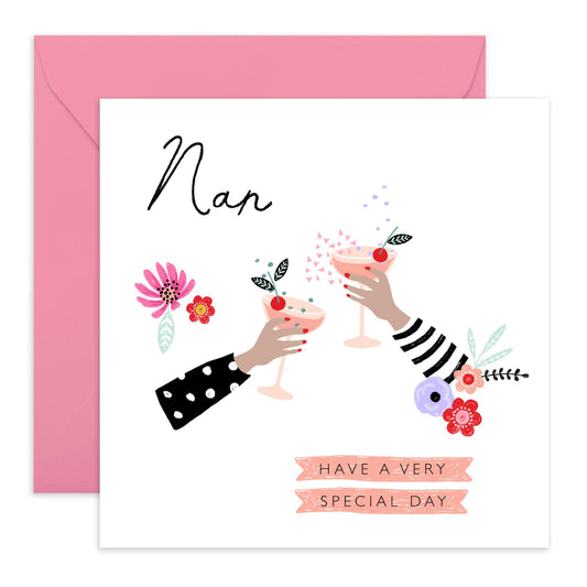 Nanny Birthday Card For Women - Cocktails Floral Greeting Cards Flowers - Nanny Gifts For Her - Celebration Congratulations Mother's Day - Comes With Fun Stickers By Central 23