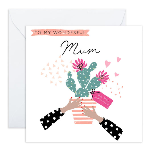 Birthday Card For Mummy - Wonderful Mum Cactus - Birthday Card For Mother From Son Daughter - Pretty Greeting Cards For Mum - Balloons Birthday Card - Comes With Fun Stickers - By Central 23