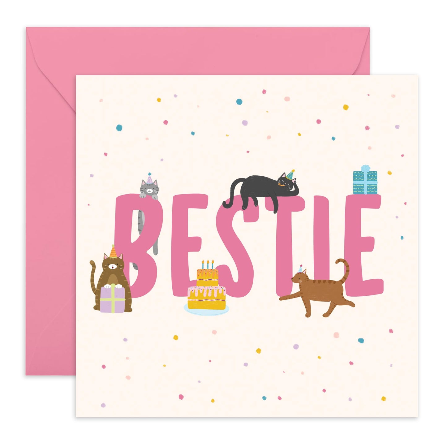 Best Friend's Birthday Greeting Card - 'Birthday Cats Bestie' - Gift for Besties, BFF, Girlfriends, Gals - Cat In Hats - Comes with Fun Stickers