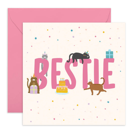 Best Friend's Birthday Greeting Card - 'Birthday Cats Bestie' - Gift for Besties, BFF, Girlfriends, Gals - Cat In Hats - Comes with Fun Stickers
