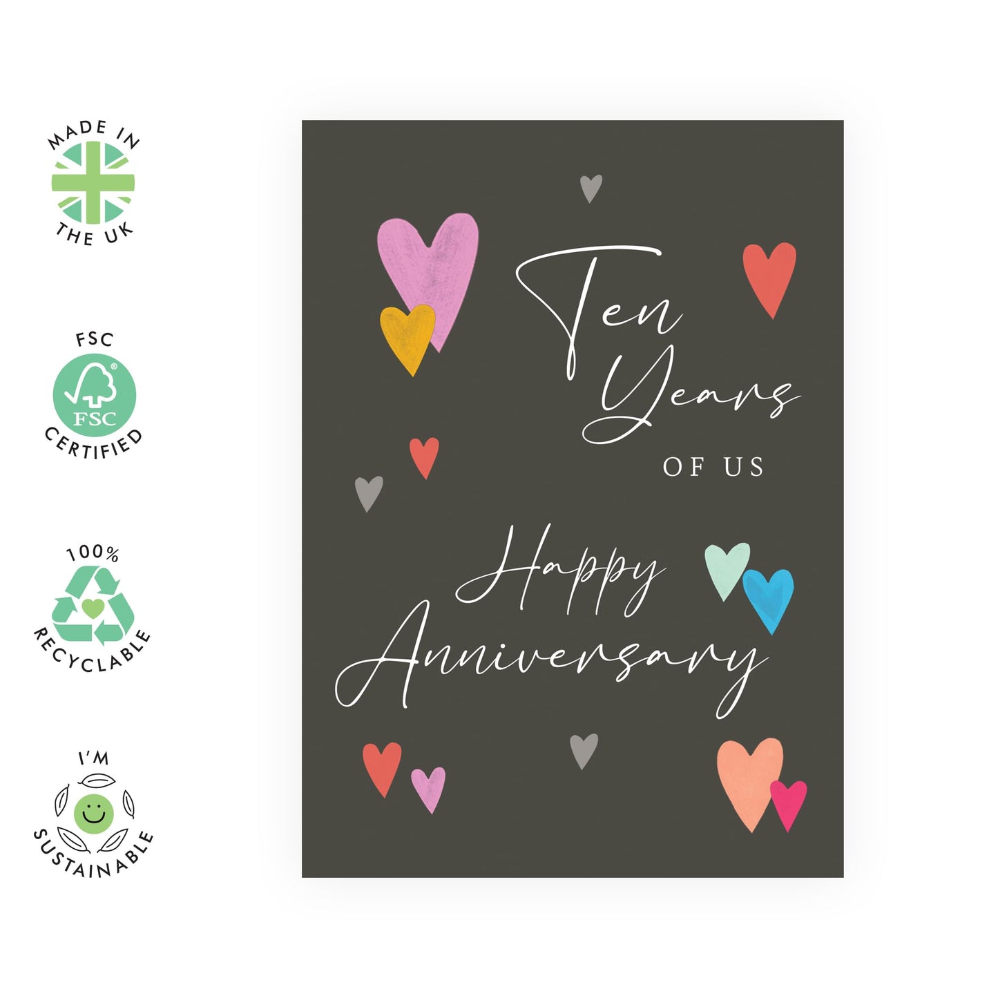 10th Wedding Anniversary Card - 'Ten Years Of Us Text' - Gifts for Wife, Husband, Spouse, Honey, Lovebug, Darling - Diamond Celebration- Comes with Fun Stickers
