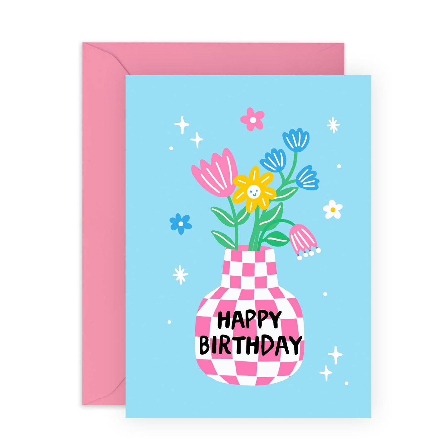Sweet Birthday Card - 'Flowers In Vase' - Gifts for Besties, Best Friends, Gals, Colleagues, Officemate, Her, Co-worker, Sis, Sister, Grandma, Mum, Auntie - Pinky - Comes with Fun Stickers