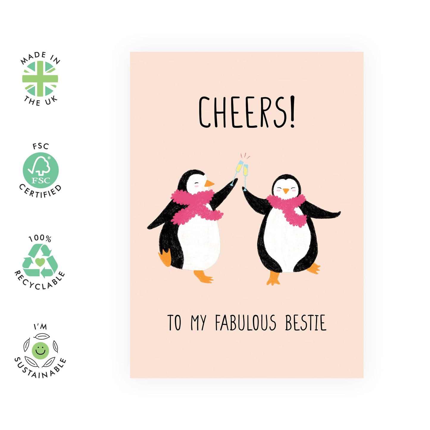 Greeting Card - 'CHEERS BESTIE PENGUINS' - Perfect for Raising a Toast to a Special Friendship - Ideal for Best Friends, Penguin Lovers, BFF's Besties Celebrations - Comes with Stickers By Central 23