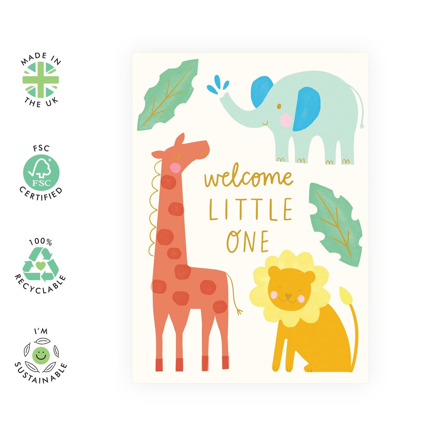 Welcome Little One Card – Adorable Safari Animals – Surprise for Family, Mom, Dad, Brother, Sister, Colleagues, Children, Relatives - New Baby, Baby Shower, Newborn Arrival – Comes with Stickers