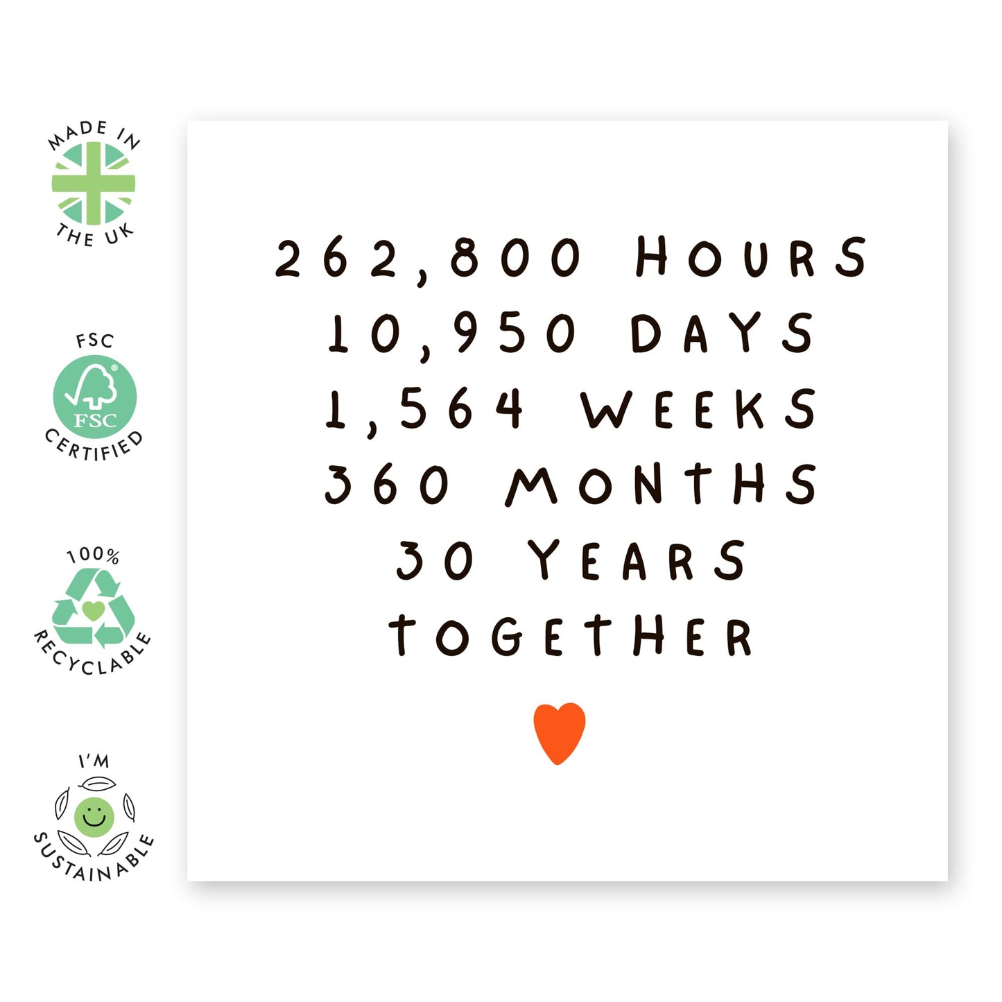 30th Anniversary Card Time Spent - '30 Years Together' - Gifts for Wife, Husband, Spouse, Babe, Honey - Hours Days Weeks Months - Comes with Fun Stickers