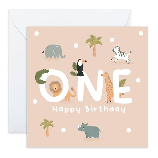 1st Birthday Card with Cute Safari Animals - 'Safari Birthday One' - Gifts for Boys, Sons, Girls, Daughter, Baby, Toddlers, Kids, Children, Family - First - Comes with Fun Stickers