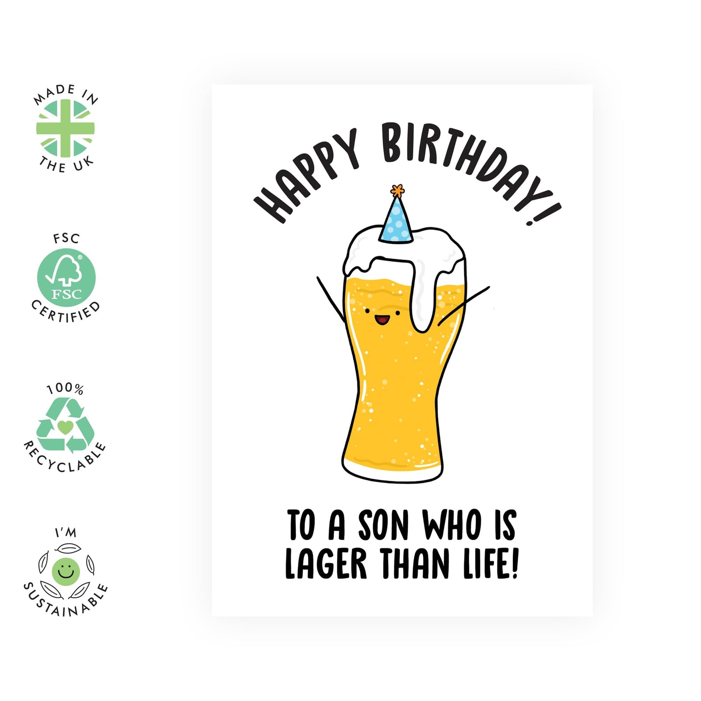 Son Birthday Cards From Mom Dad - To A Son Who Is Lager Than Life - Funny Birthday Cards For Men - Beer Jokes Humor Banter - Greeting Card And Envelope - Comes With Cute Stickers By Central 23