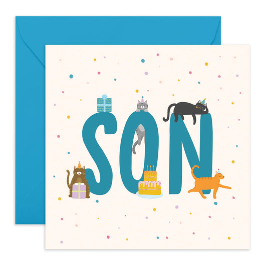 Son's Birthday Greeting Card - 'Birthday Cats Son' - Gift for Childrend, Kids, Teenagers, Boy, Guys from Mum, Mother, Dad, Parents - Cat In Hats - Comes with Fun Stickers