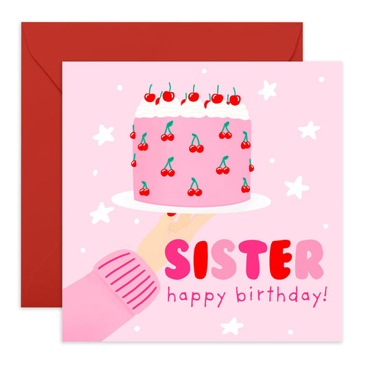 Pink Birthday Card - 'Sister Birthday Cake' - Gifts for Sibling, Ladies, Girls, Besties, Best & Close Friends, BFF, Her, Sis, Family - Make A Wish - Comes with Fun Stickers