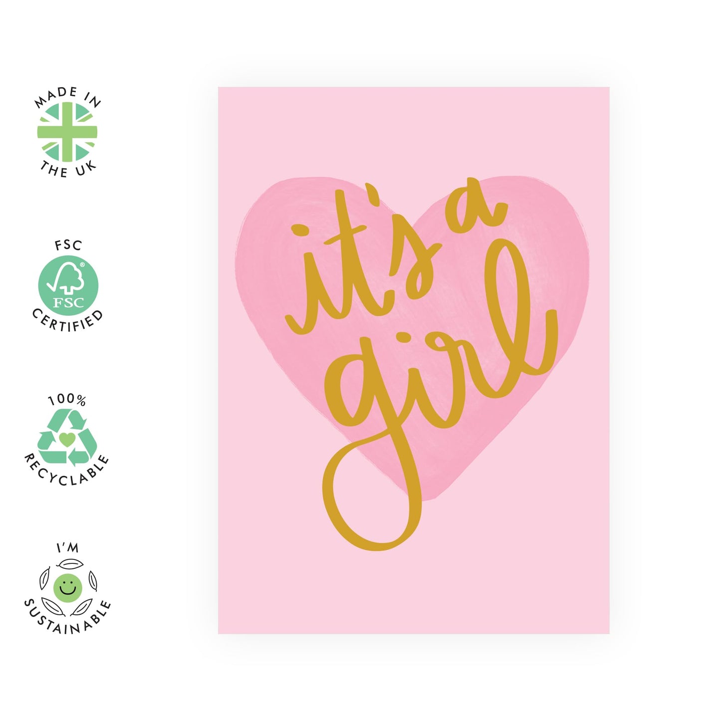 Gender Reveal Card - It’s a Girl, Pink Heart Design – Surprise for Family, Mum, Dad, Brother, Sister, Colleagues, Children, Relatives - New Baby, Baby Shower, Newborn Arrival – Comes with Stickers