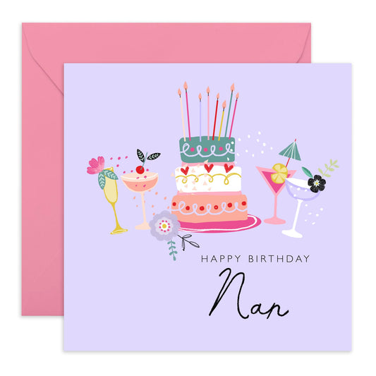 Happy Birthday Nan Card - Purple Nan Birthday Card For Women - Granny Greeting Cards - Cocktails Cakes Flowers - Nanny Gifts For Her - Comes With Stickers By Central 23