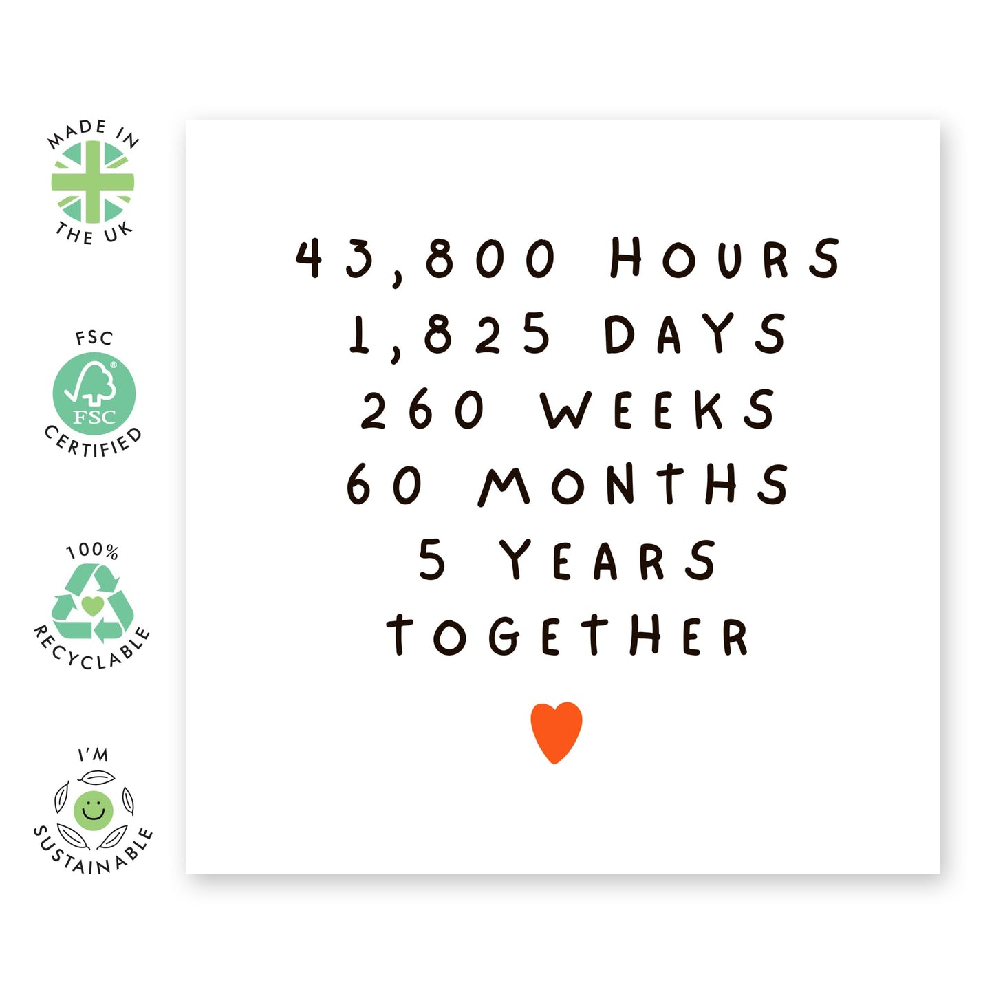 5th Anniversary Card Time Spent - '5 Years Together' - Gifts for Wife, Husband, Girlfriend, Boyfriend, Spouse, Babe - Hours Days Weeks Months - Comes with Fun Stickers