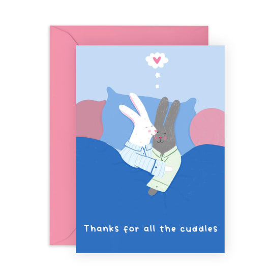 Adorable Valentines Day Card - 'Bunny Cuddles' - Gifts for Wife, Husband, Girlfriend, Boyfriend, Him, Her, Spouse, Partner, Couples- Warm Cuddle & Hugs - Comes with Fun Stickers