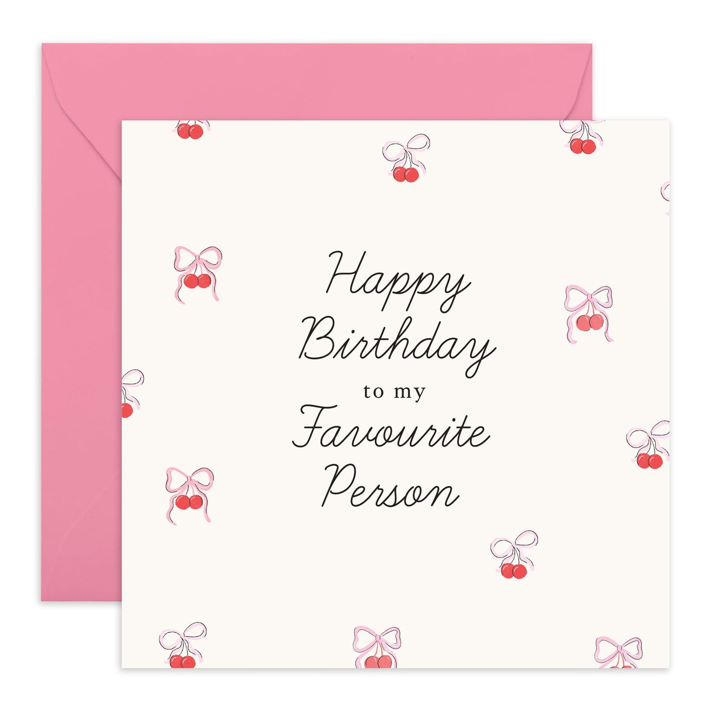 Cute Birthday Card for Her – "HBD Favourite Person" – Gifts for Bestie, BFF, Her, Girlfriend, Wife, Sister, Daughter, Women, Colleagues, Coworkers - Pink Bows & Cherries - Comes with Fun Stickers