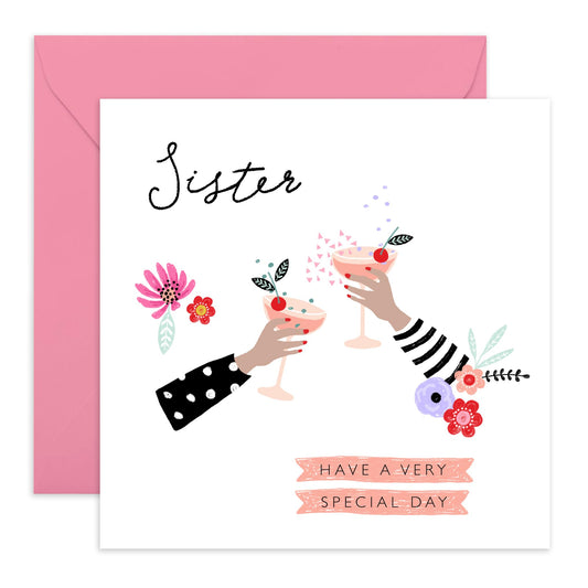 Birthday Card For Sister - Cocktail Drinks Cheers - Celebration Greeting Cards And Envelopes For Her - Birthday Card For Women Female Sibling - Comes With Fun Stickers By Central 23