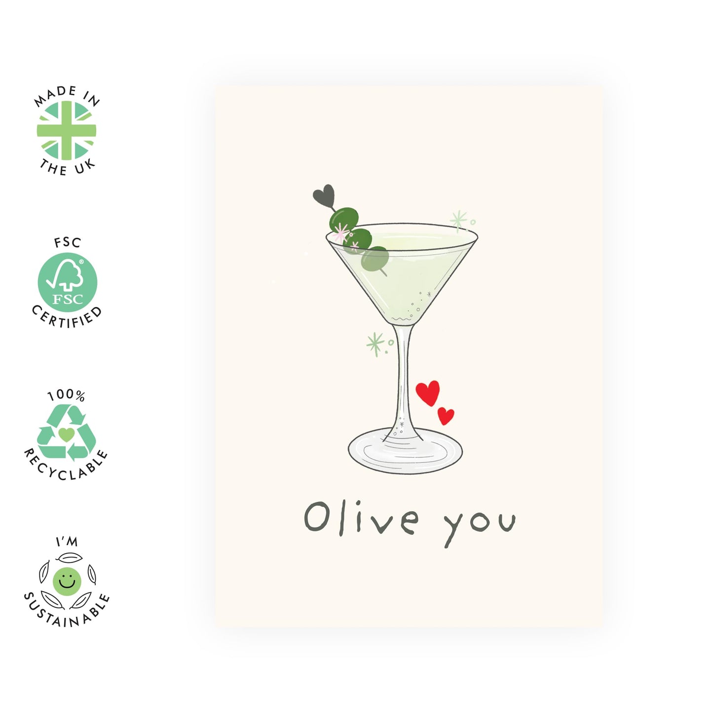 Romantic Pun Card - "Olive You" - Gifts for Him, He, Partner, Couples, Babe - Funny Love Greeting Card for Anniversary, Valentine’s Day, or Birthday's - Martini Glass Design
