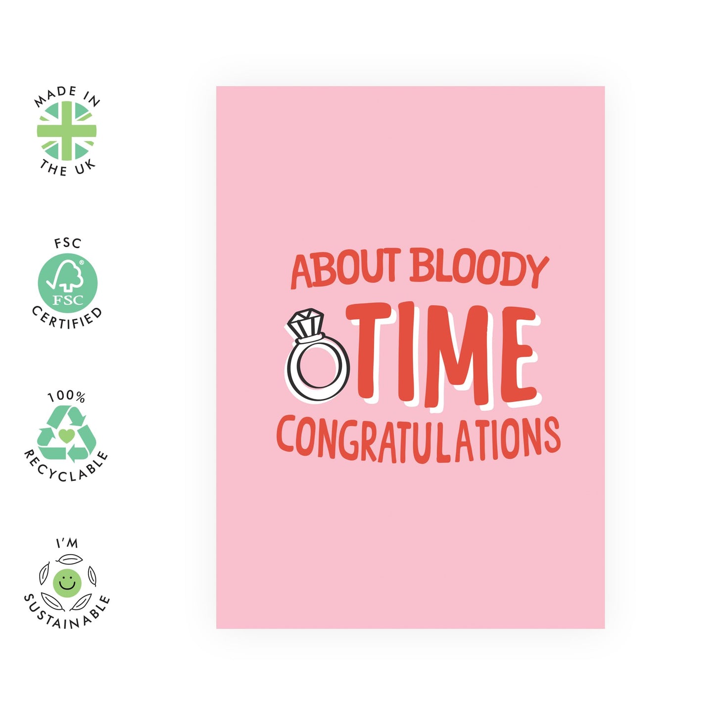 Wedding Celebration Card - 'About Bloody Time' - Gifts for Bride, Groom, Mate, Brother, Sister, Bestie, BFF, Daughter, Son, Co-worker, Colleague - Wedding Ring - Comes with Fun Stickers