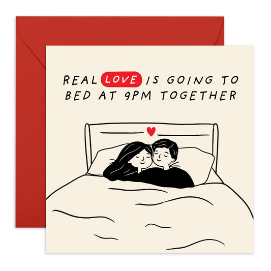 Cute Anniversary or Valentine's Card - "Going to Bed at 9PM Together" - Romantic Greeting Card for Couples, Partner, Him, Her, Wife, Husband - Married Life - Comes with Stickers