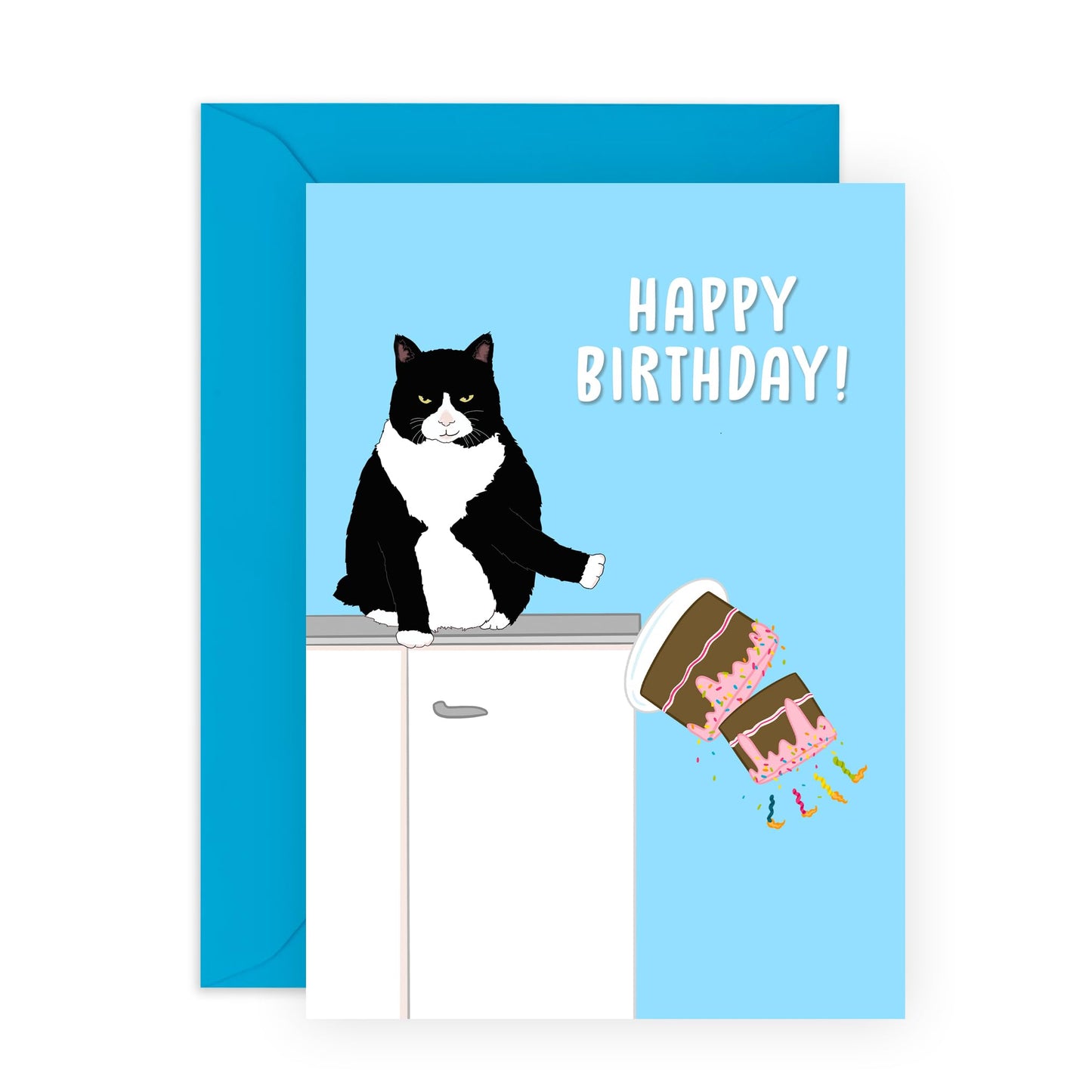 Birthday Cards For Him Her - Angry Cat Birthday Pushing Cake - Birthday Cards For Mum Dad - Gift From Friend - Greeting Cards For Sister Brother - Friend- Comes With Stickers - By Central 23