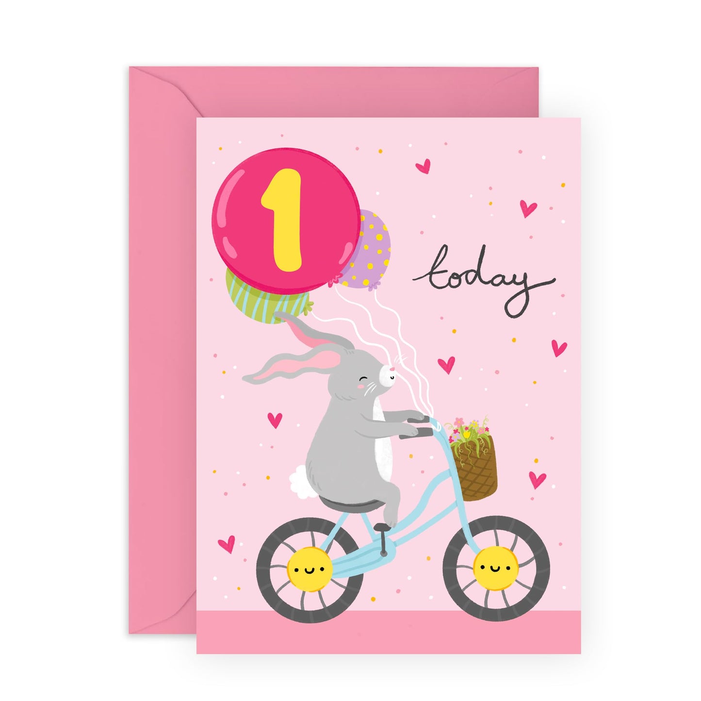 First Birthday Card Girl - Bunny On Bike Age 1 Birthday - 1st Birthday Card Girl Boy Toddler Baby - Bunny Hearts Pink - Gifts For Son Granddaughter - Gift from Mum Dad - Comes With Cute Stickers