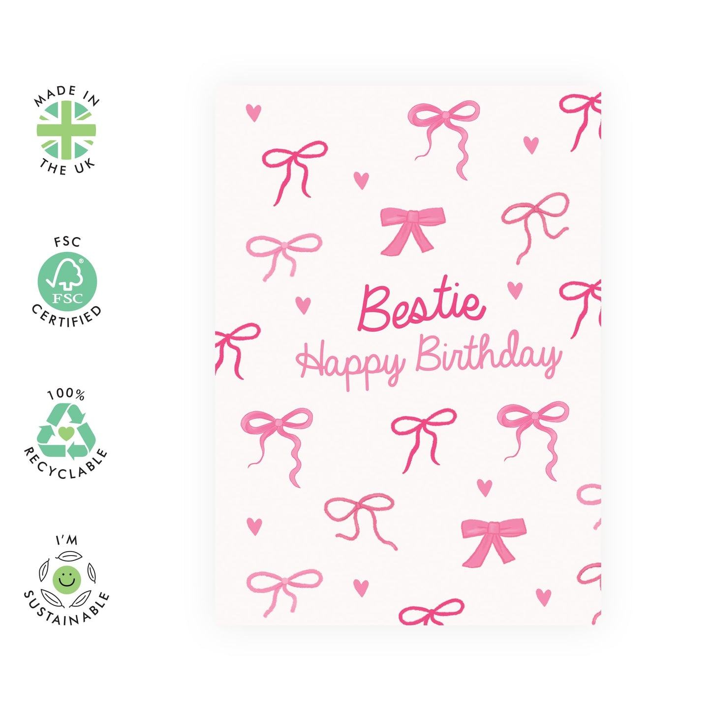 Cute Happy Birthday Card - 'Bestie Bows' - Gifts for Best Friends, Besties, BFF,Girlfriends, Sister, Sis, Co-workers, Gals - Pink Bow Ties - Comes with Fun Stickers