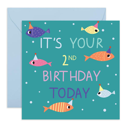 2nd Birthday Card For Kids - Childrens Fish Age 2 - Boys Girls Second Birthday Cards - Gifts For Him Son Daughter Nephew Grandson - Two Year Old Baby - Comes With Stickers By Central 23