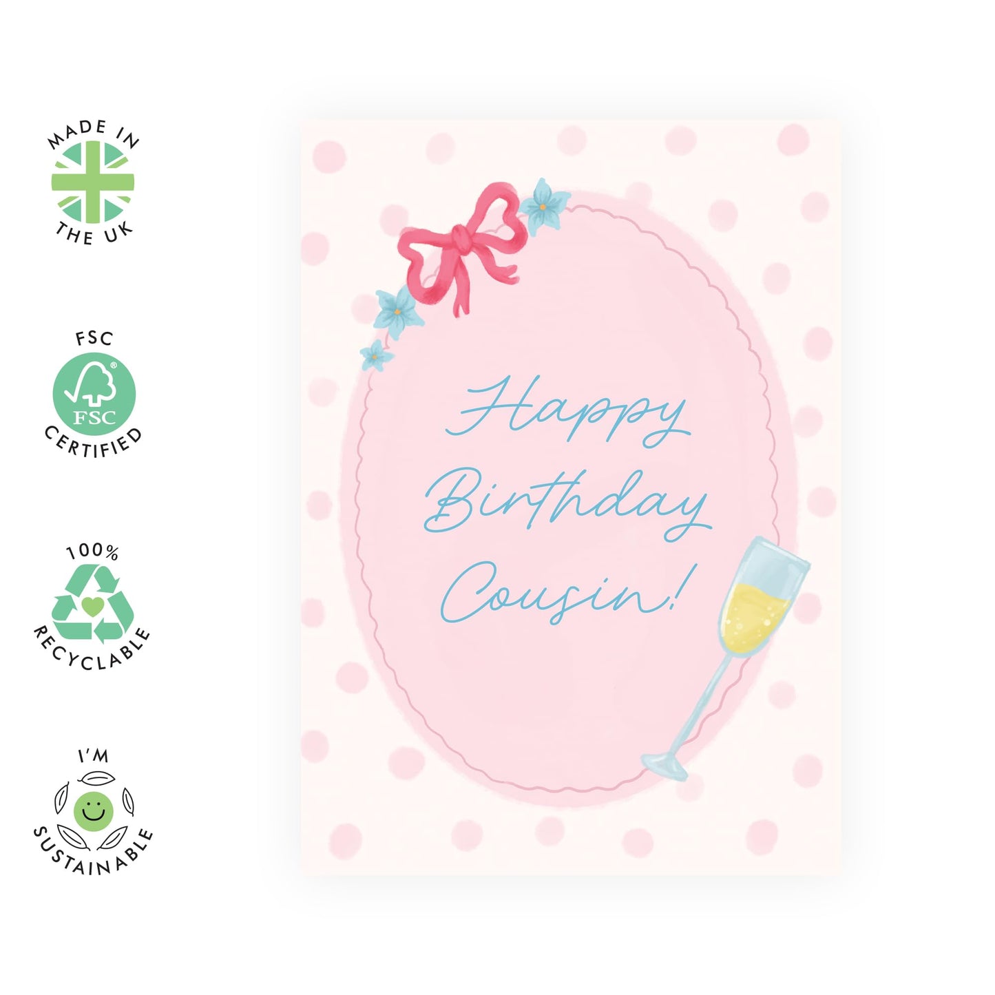 Floral Birthday Card for Cus - "Cousin Prosseco" - Gifts for Him, Her, Women, Men, Family - Wine and Drinks -Comes with Fun Stickers