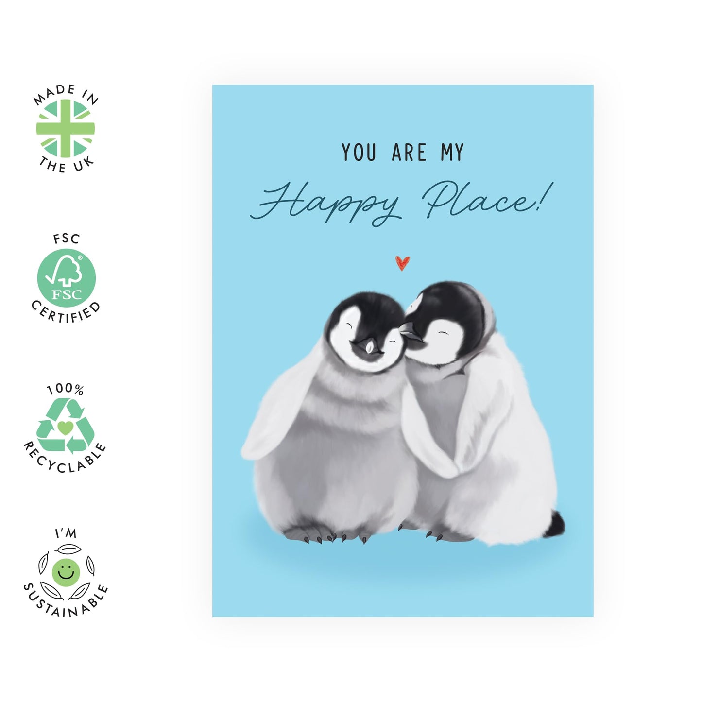 Cute Penguin Love Card - "You Are My Happy Place" - Romantic Greeting Presents for Partner, Wife, Husband, Babe or Spouse- Anniversary, or Valentine’s Day Gifts - Comes with Stickers